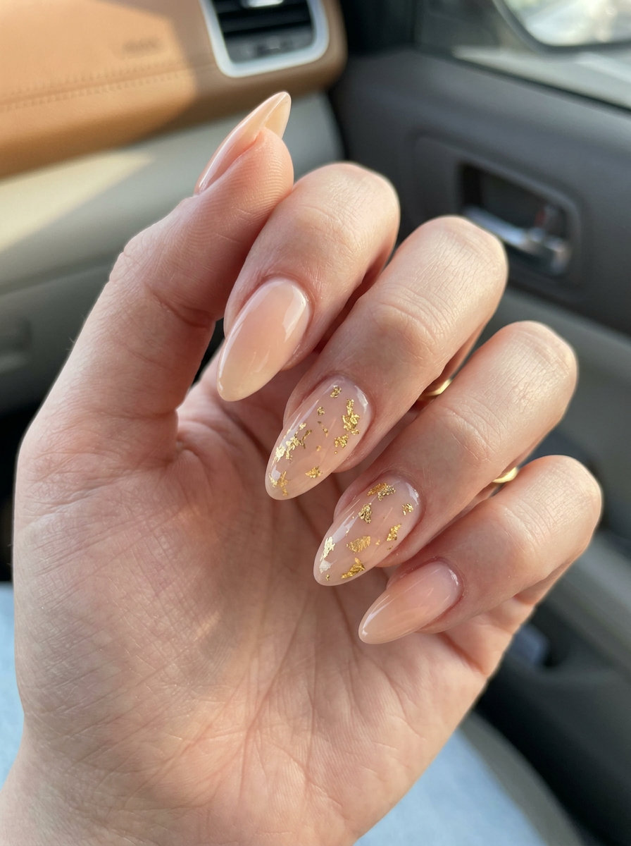 Almond summer nails 2026 for fair skin: Golden peach elegance with gold leaf accents for parties.