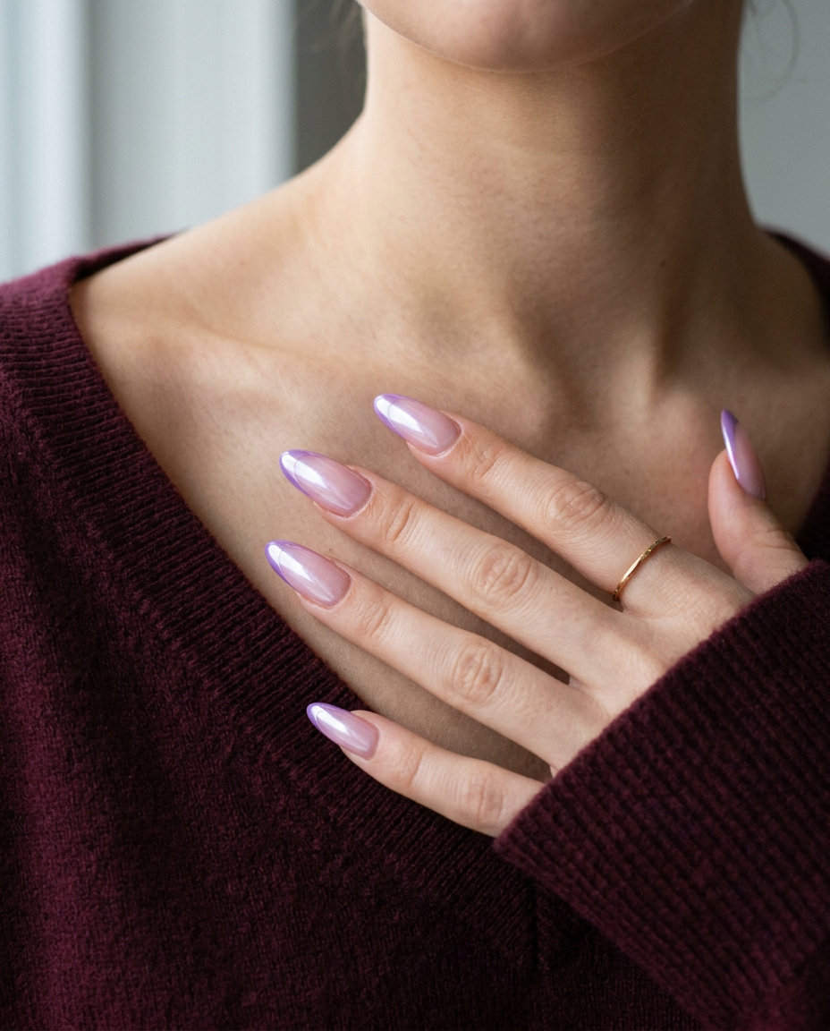 Lavender chrome French almond nails for fair skin, perfect for summer evenings and parties.