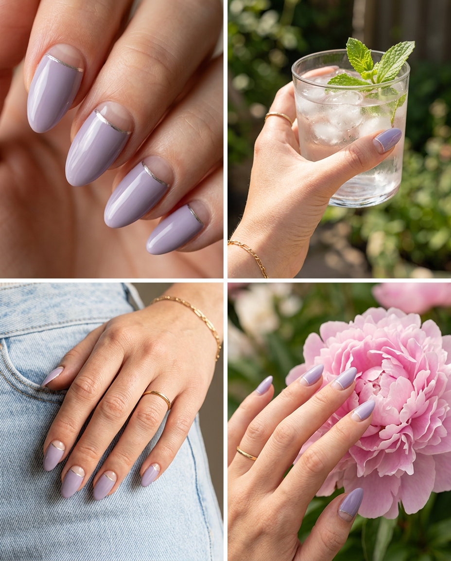 Almond summer nails 2026 for fair skin: Lavender half moon retro almond with silver accent for vintage vibes.