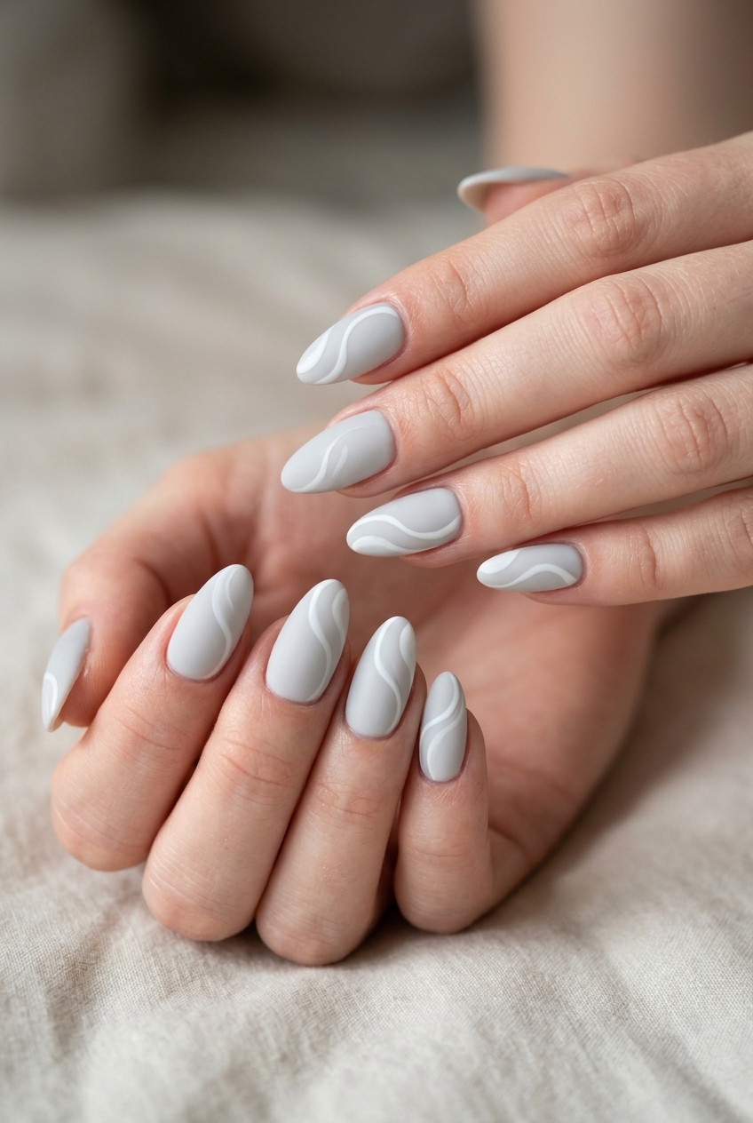 Light grey matte almond nails with abstract swirls for fair skin, perfect for everyday and work.