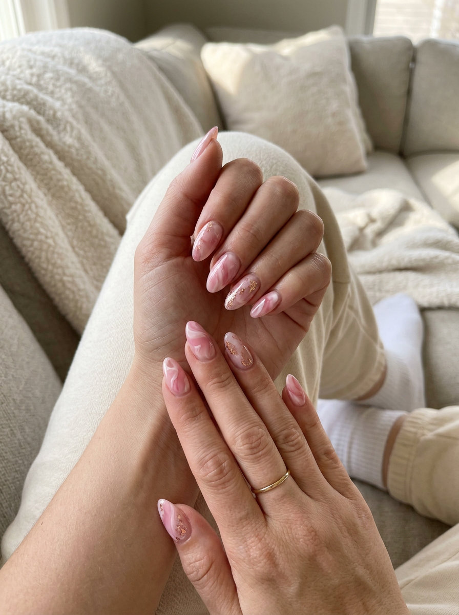 Milky pink water marble almond nails for fair skin, perfect for date nights and special occasions.