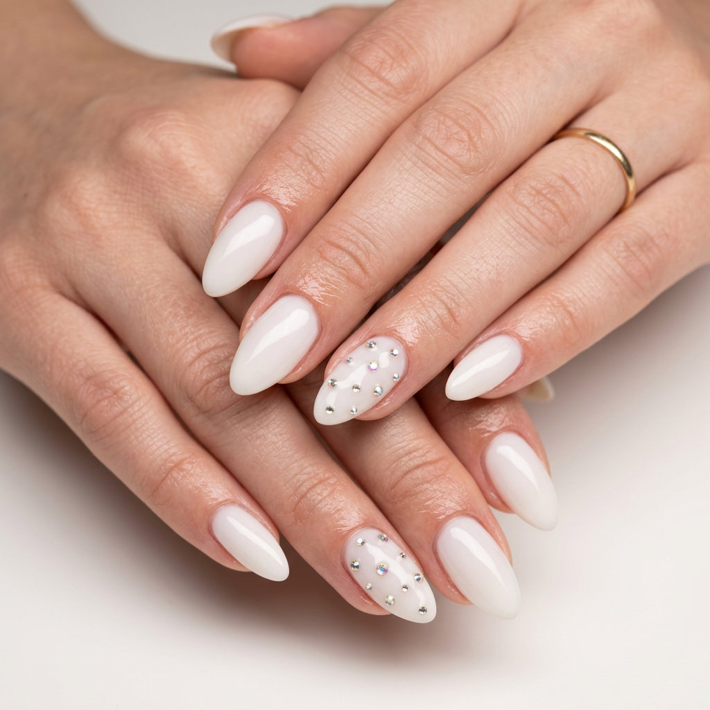 Milky white rhinestone almond nails for fair skin, perfect for summer parties and evening events.
