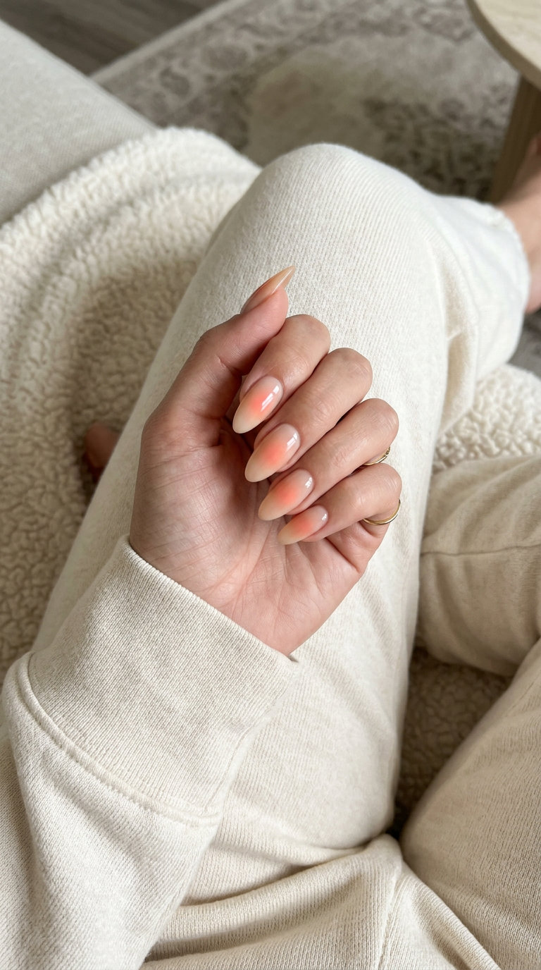 Pale peach aura glow almond nails for fair skin, perfect for garden parties and summer events.