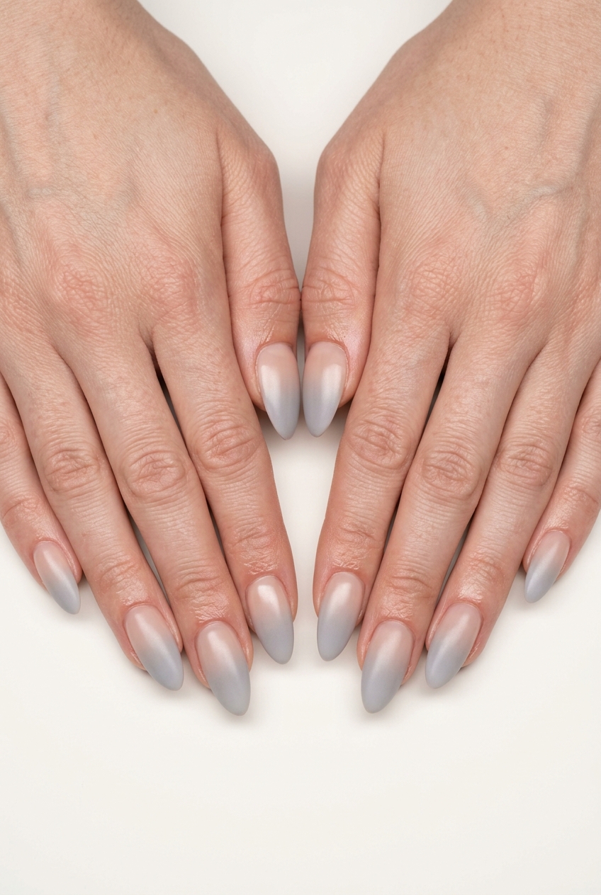 Almond summer nails 2026 for fair skin: Light grey gradient with satin finish for work & minimalist events.