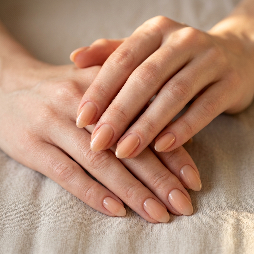 Almond summer nails 2026 for fair skin: Sheer nude builder gel overlay for clean, polished daily looks.