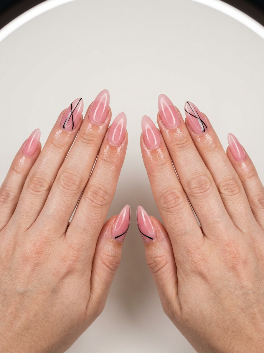 Sheer pink abstract lines almond nails for fair skin, perfect for date nights and gallery visits.