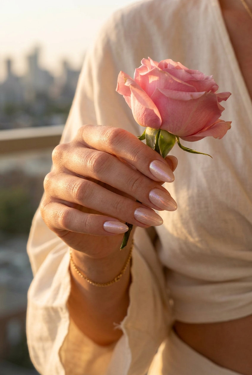 Almond summer nails 2026 for fair skin: Understated shimmer nude almonds for sophisticated daily wear.