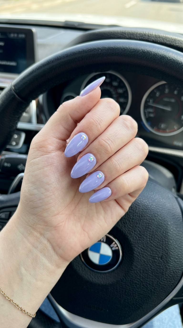Soft lavender chrome dot almond nails for fair skin: ideal for parties, date nights, and special occasions in 2026.