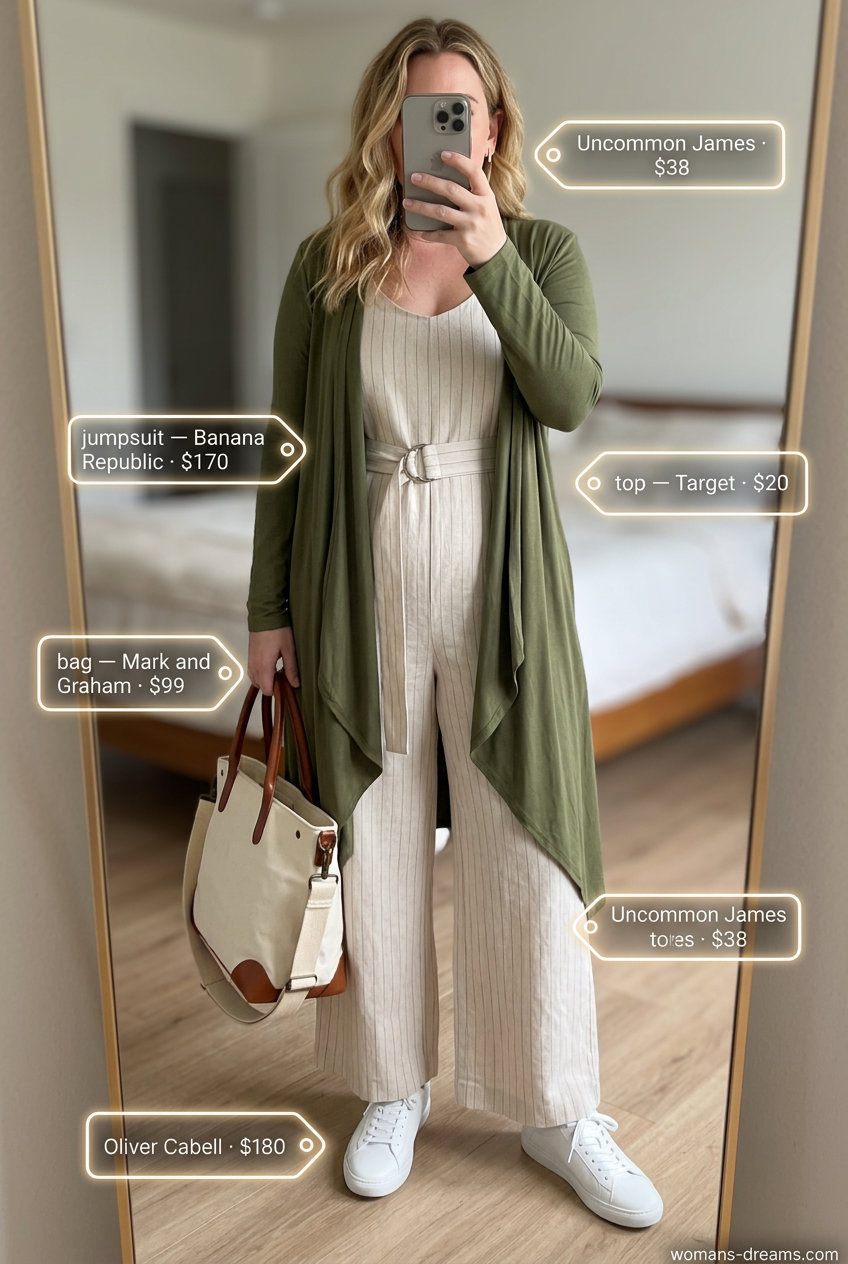 Chic casual outfit with an olive green duster over a linen jumpsuit, white sneakers, and gold earrings for women 2026.