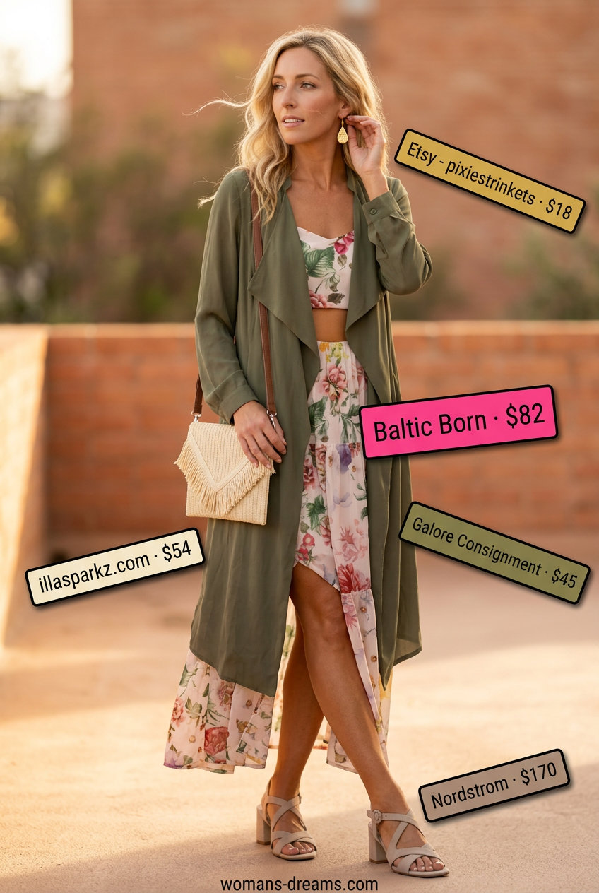 Bohemian wedding guest outfit with a floral maxi dress and olive green sheer duster for women 2026.