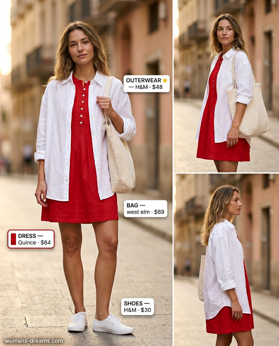 Alternative Outfit: What to Wear with Babydoll Dress Summer 2026 - Linen shirt over a dress, sneakers, canvas tote.