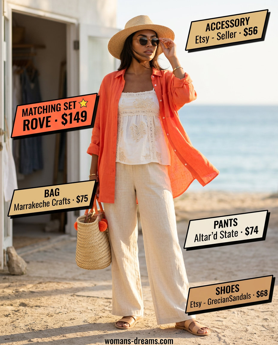 What to Wear with Flare Pants Summer 2026: Coral linen shorts set, straw hat, slide sandals for vacation style.
