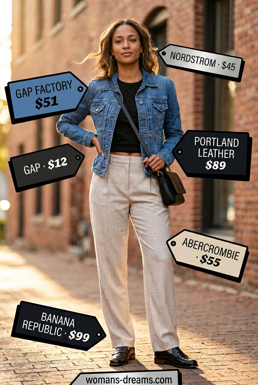 What to Wear with Flare Pants Summer 2026: Denim jacket, cream trousers, black tee, loafers for a polished casual look.