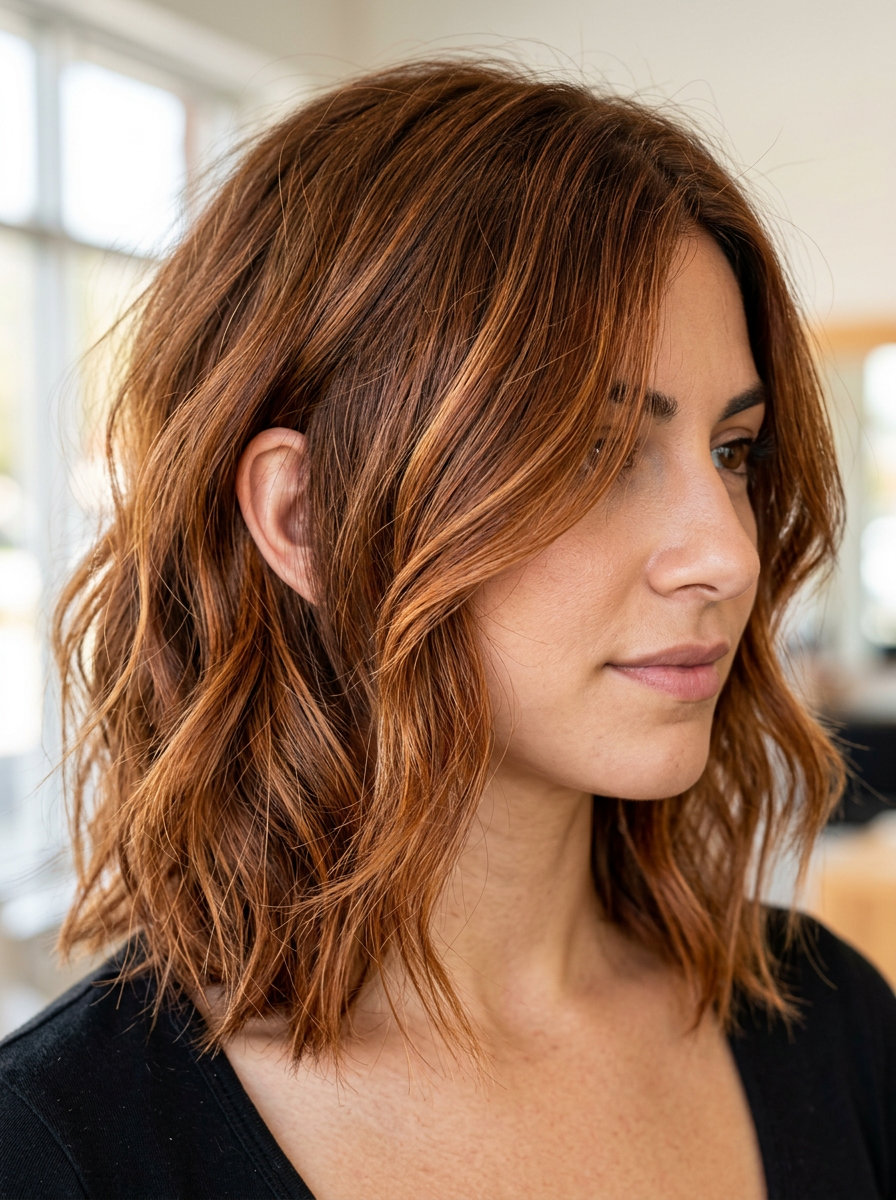 lob above collarbone with amber ale brunette, soft internal layers, no bangs — playful & effortless