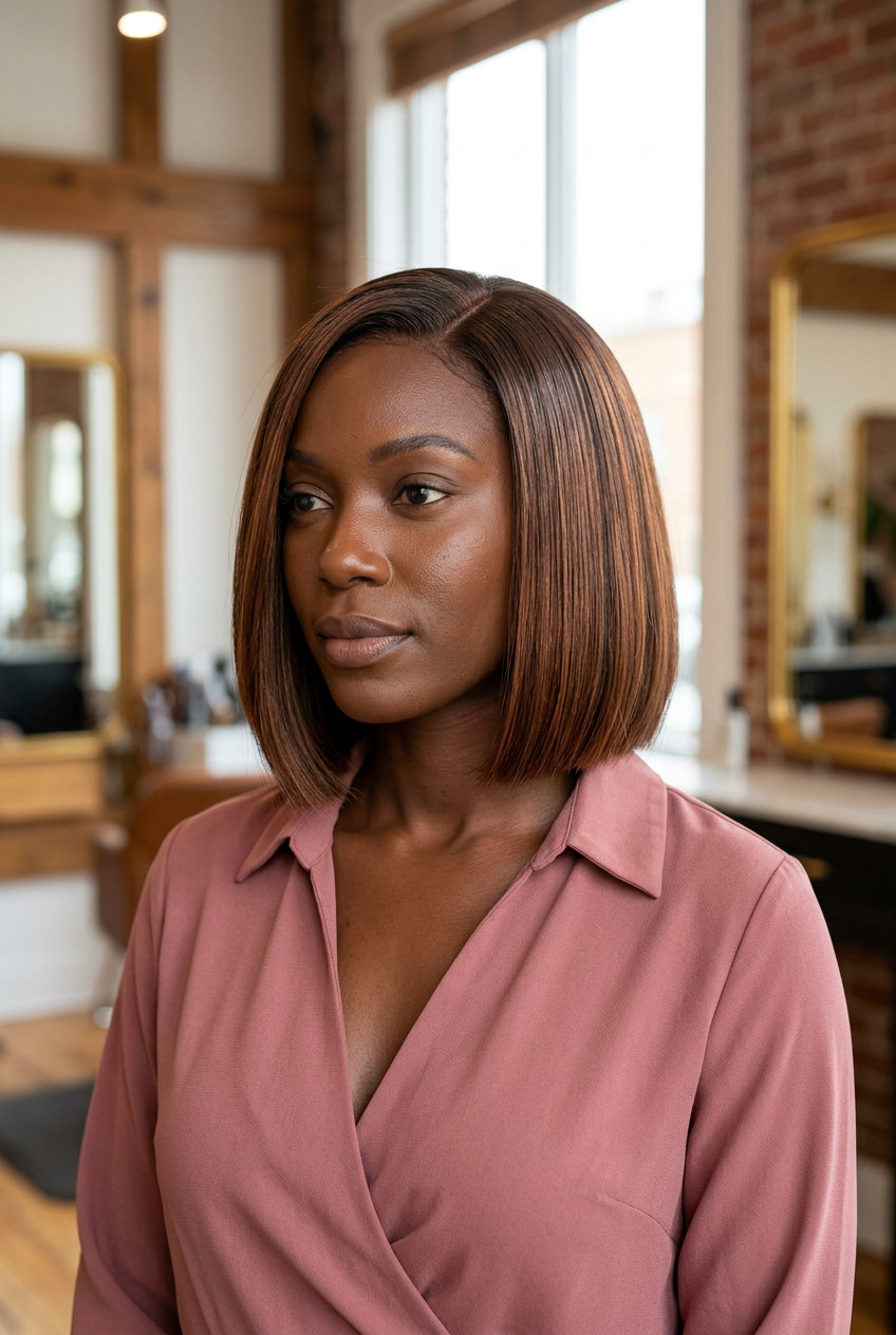 medium blunt bob with antique bronze color, deep side part — sophisticated summer professional