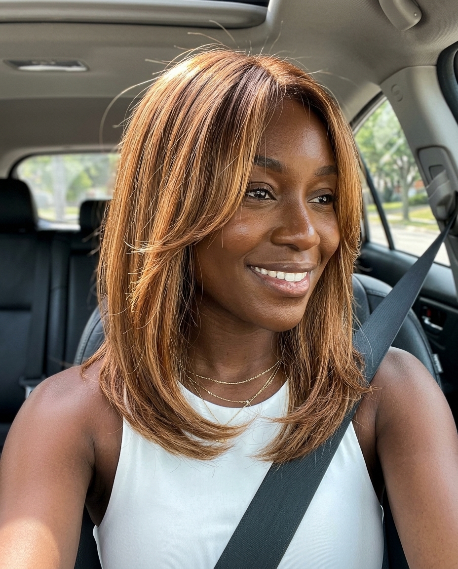 shoulder-length antique bronze lob haircut with sweeping layers and curtain fringe for bohemian look