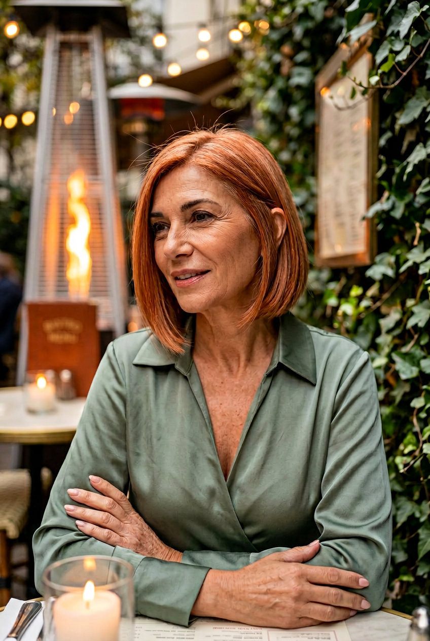 chin-length blunt bob haircut with apricot copper, point-cut ends, no fringe — romantic brunch