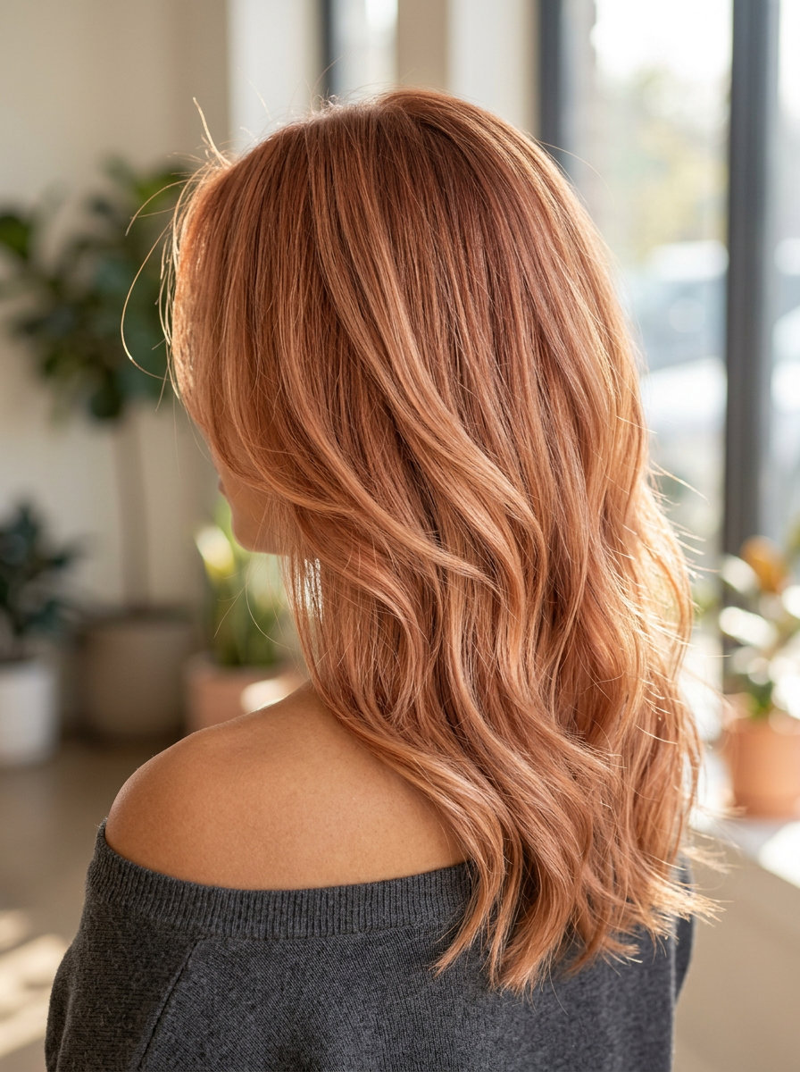long apricot crush copper hair with golden-red highlights, full head balayage, no fringe — playful summer vibes