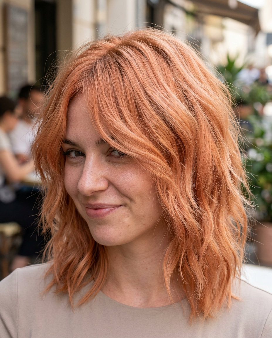Apricot Crush Festival Lob 2026 medium layered lob haircut with apricot crush copper, choppy layers, curtain bangs — playful vibrant 2026