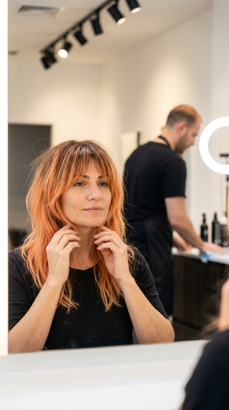 medium shag haircut with apricot crush copper & strawberry blonde, razor cut layers, wispy bangs — edgy festival
