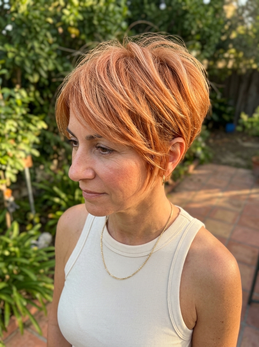 short pixie haircut with apricot copper & strawberry blonde, graduated layers, wispy fringe — playful brunch