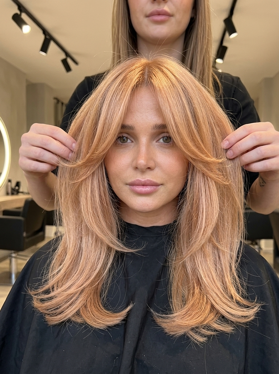 Apricot Crush Bohemian Layers with Bangs 2026 long apricot crush haircut with strawberry blonde highlights and curtain bangs