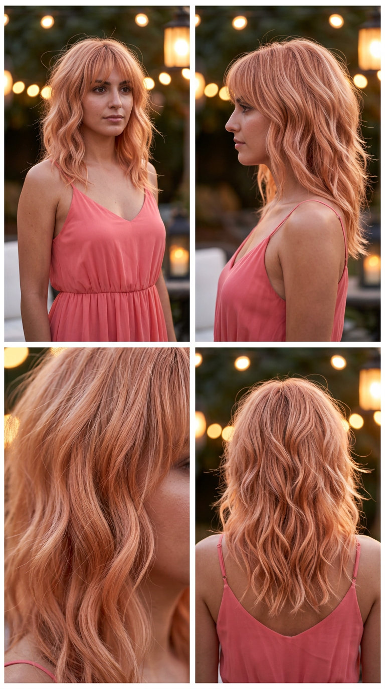 medium apricot crush shag haircut with soft peach highlights and diffused waves