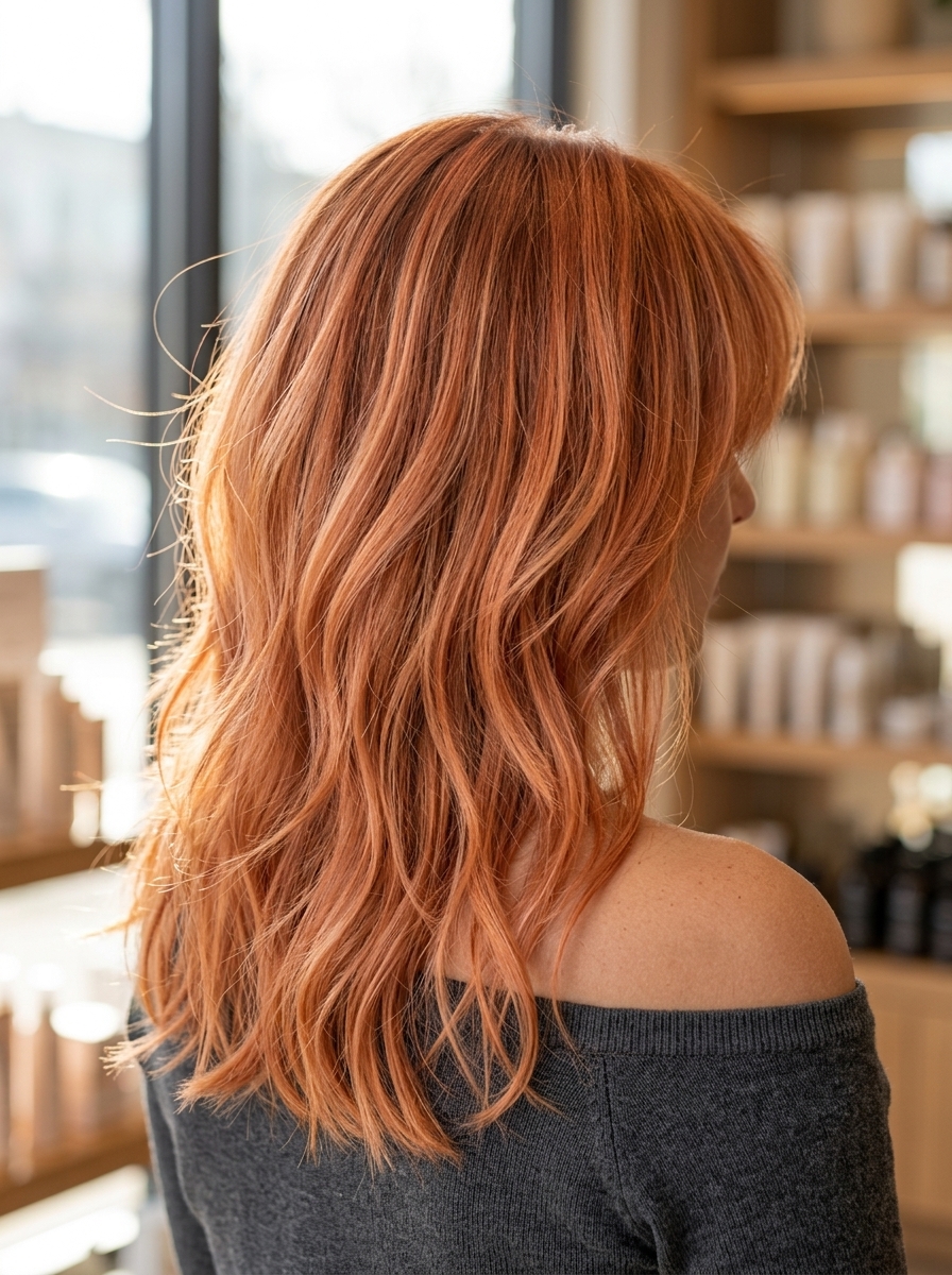 medium apricot crush shag haircut with feathered fringe, copper base for round faces