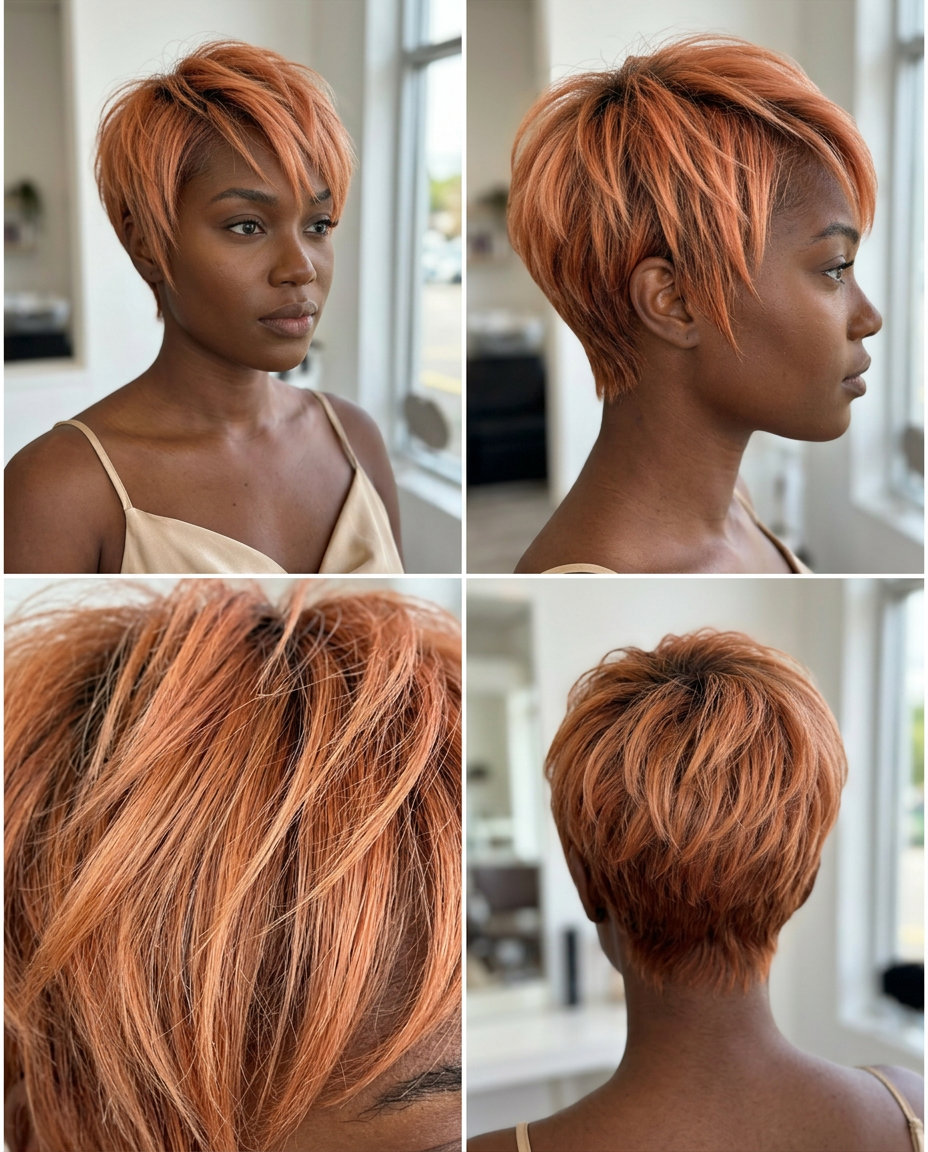 short apricot crush pixie haircut with copper and peach tones for summer