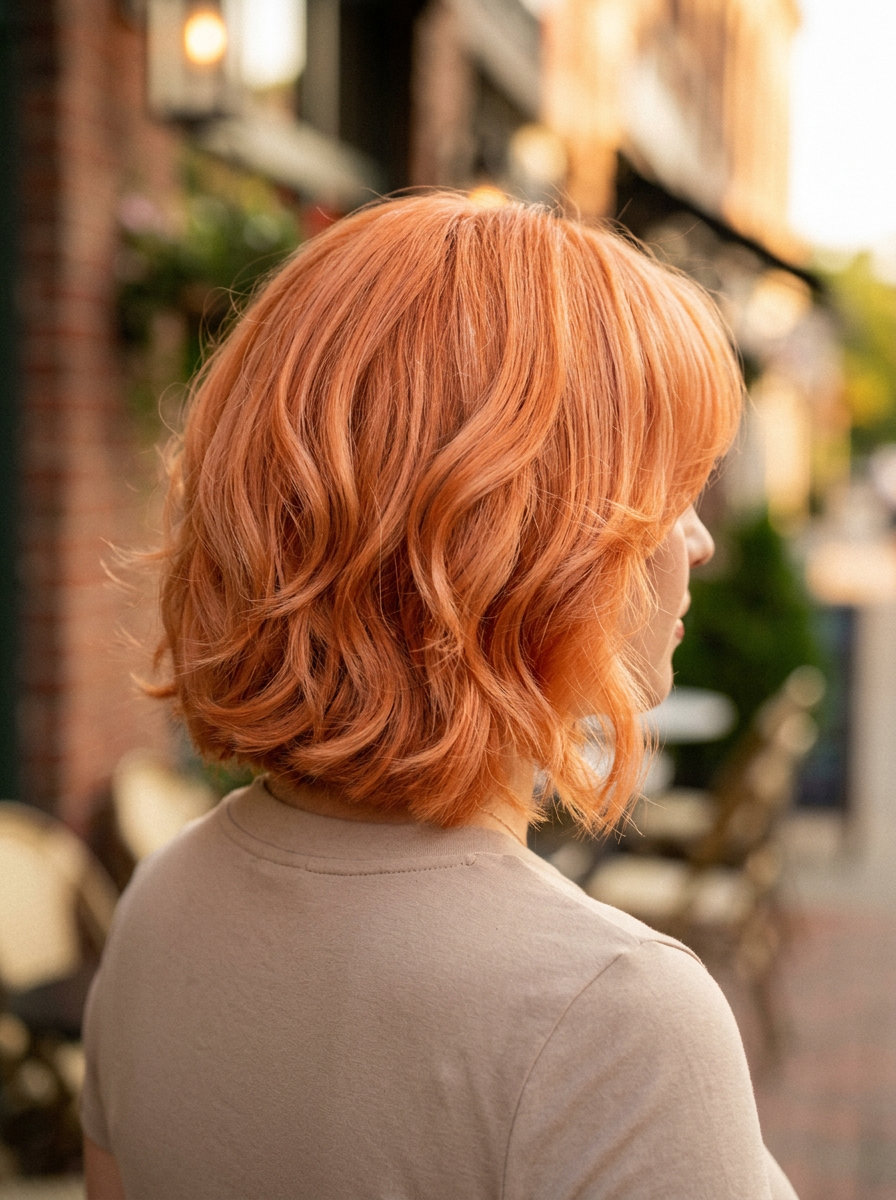 Copper Siren Textured Bob 2026 short textured bob haircut with apricot crush balayage, face-framing pieces, no bangs — retro glamorous waves