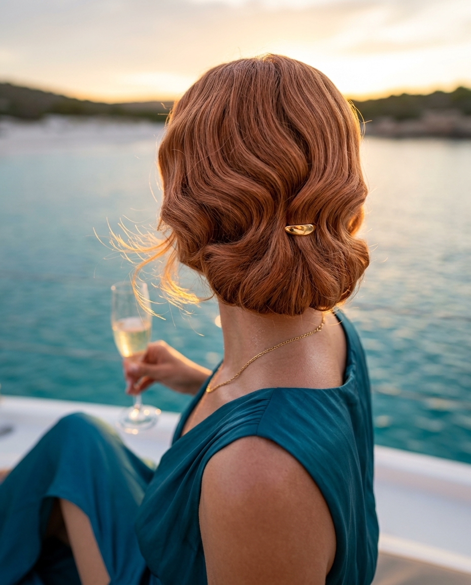 short apricot crush bob haircut with modern retro finger waves and strawberry blonde for summer