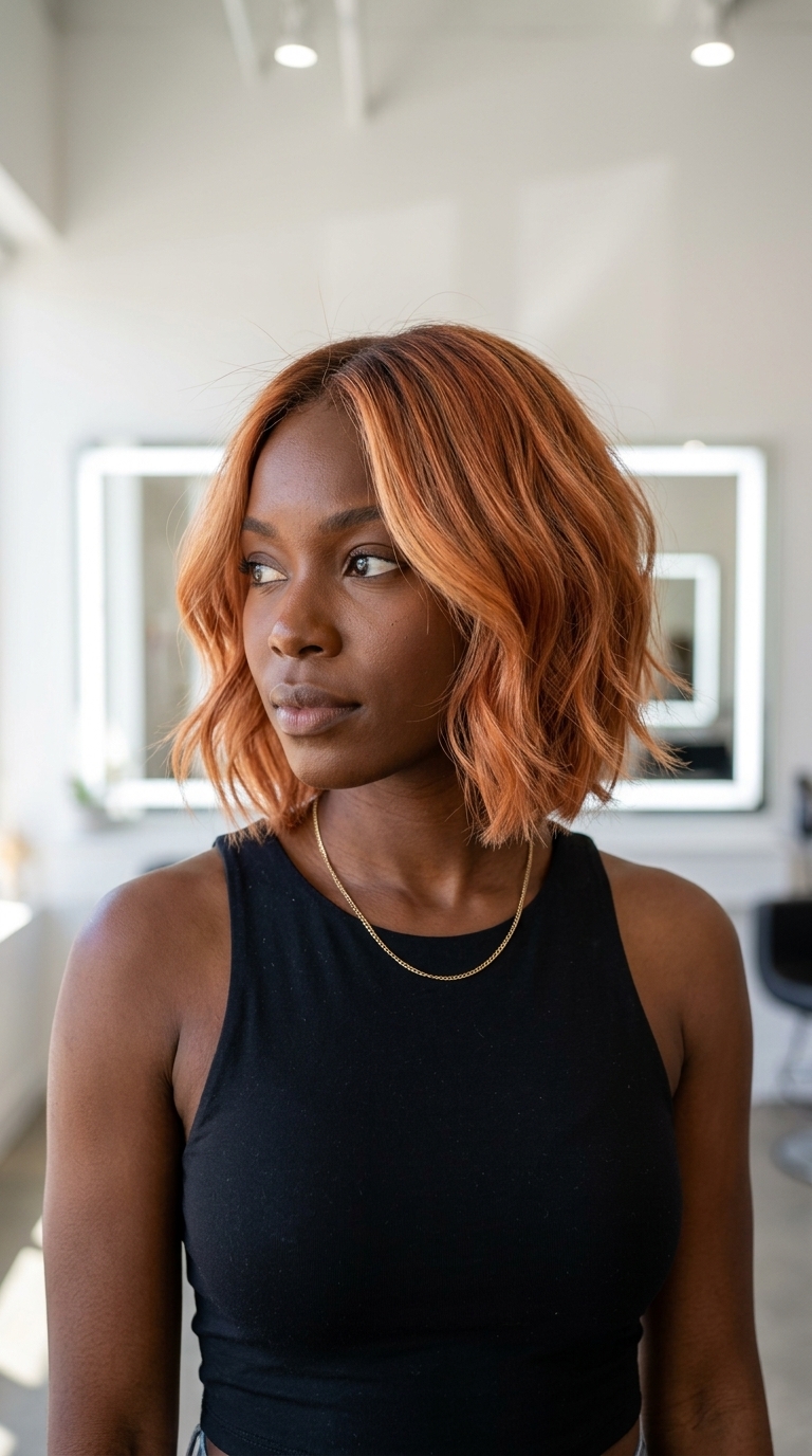 short apricot crush layered bob with honey babylights and feathered ends for a romantic look