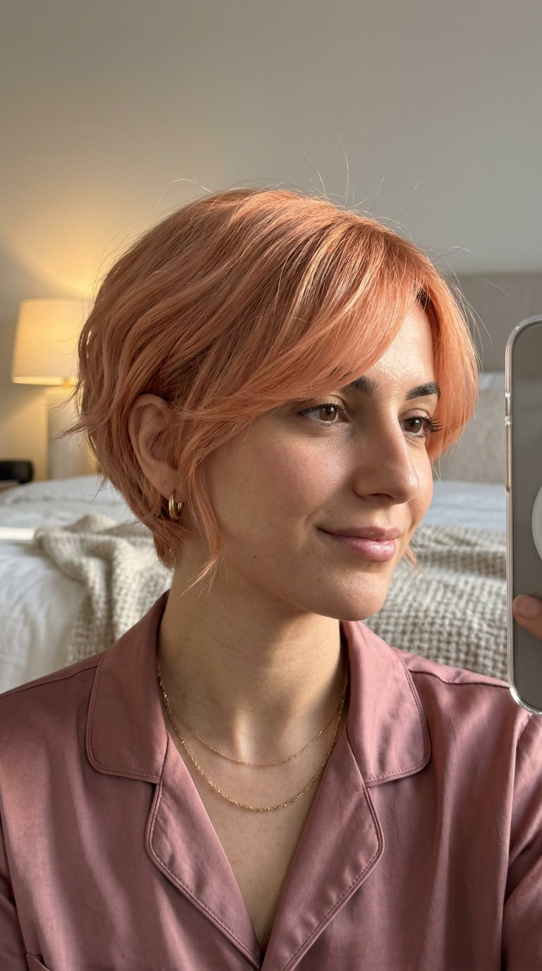 short pixie haircut with Apricot Crush color, feathered layers, and side-swept fringe for date night