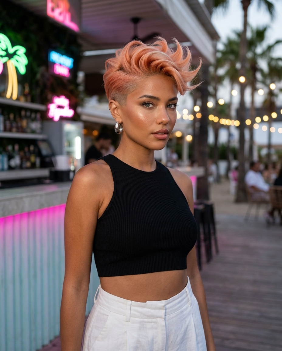short undercut pixie haircut with sculpted apricot crush top and platinum undertones for edgy style