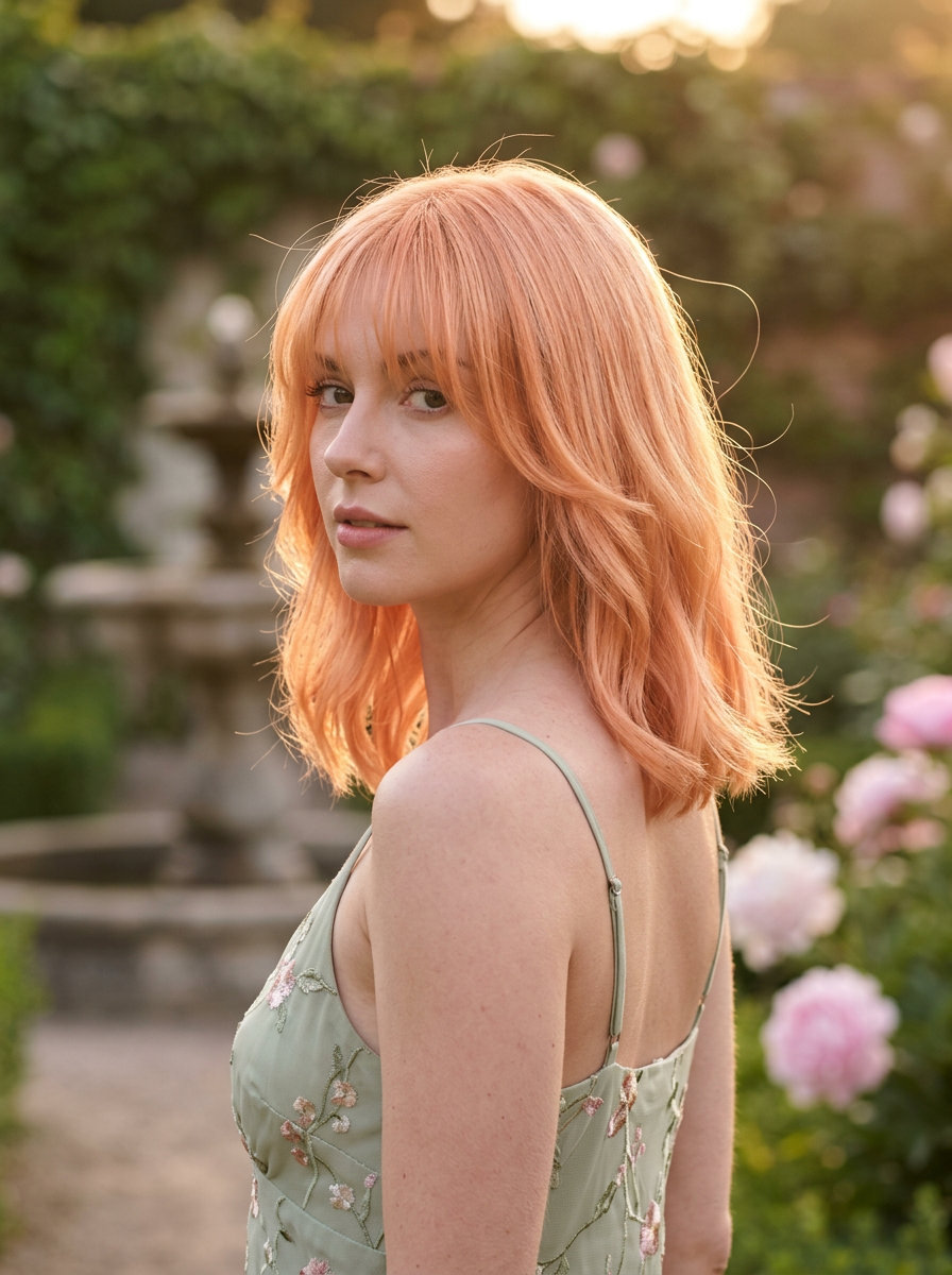 Apricot Crush Lob with Wispy Bangs 2026 shoulder-length apricot crush lob haircut with wispy bangs for summer