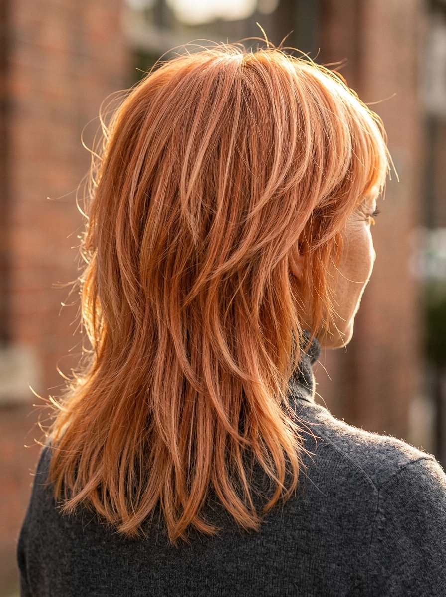 shoulder-length shag haircut in apricot crush with balayage highlights, face-framing layers, and wispy bangs for summer