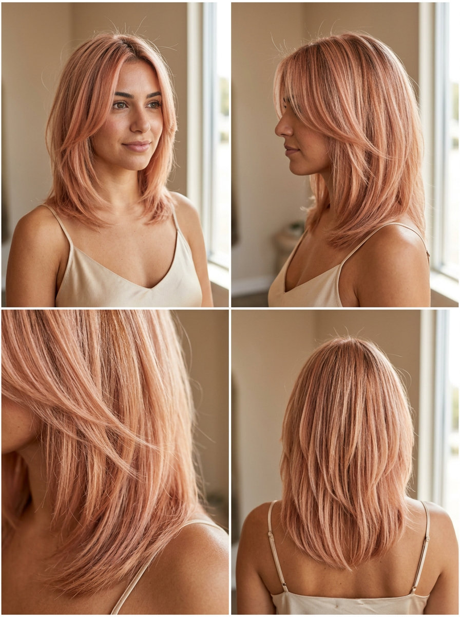 Apricot Crush Butterfly 2026: Romantic Haircut medium butterfly haircut with muted apricot-pink, strawberry blonde accents, and face-framing layers — romantic festival
