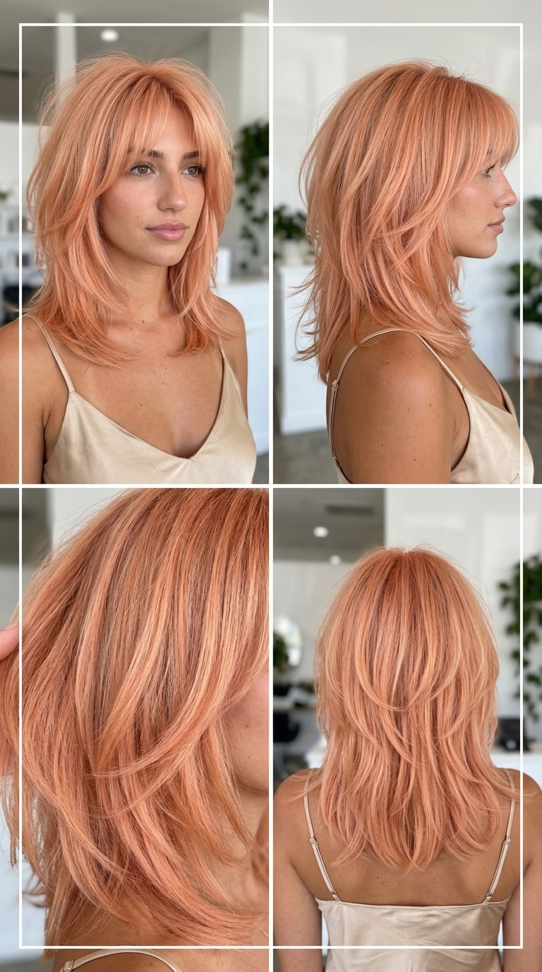 medium shag haircut in soft pastel apricot with peach strawberry blonde undertones