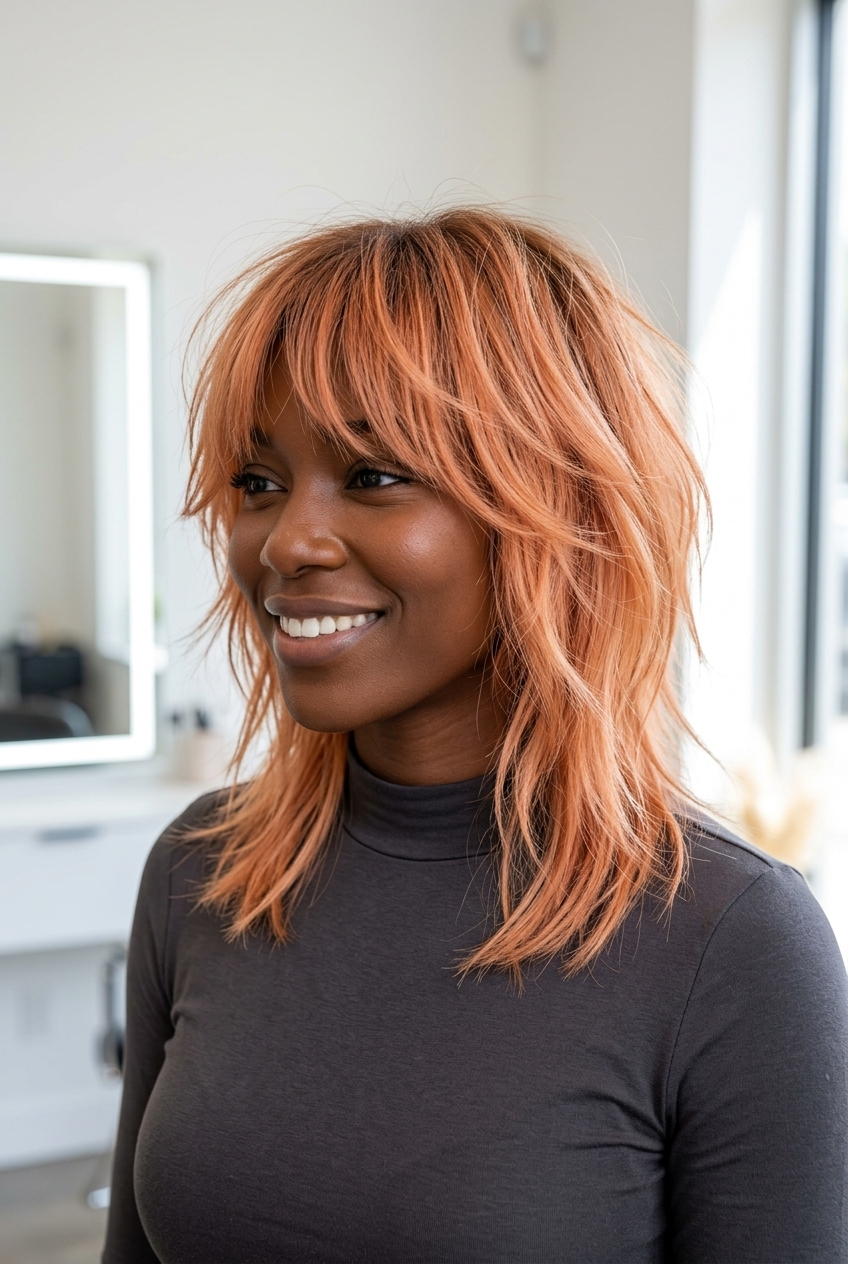 shoulder-length messy shag haircut in pastel apricot with razored layers and messy fringe for summer