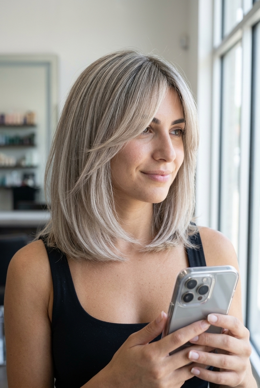 collarbone ash blonde layered bob with pearl babylights, curtain bangs — romantic ethereal
