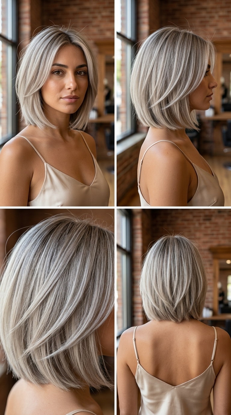 jawline ash blonde layered bob with cool babylights, subtle root blend — chic minimalist