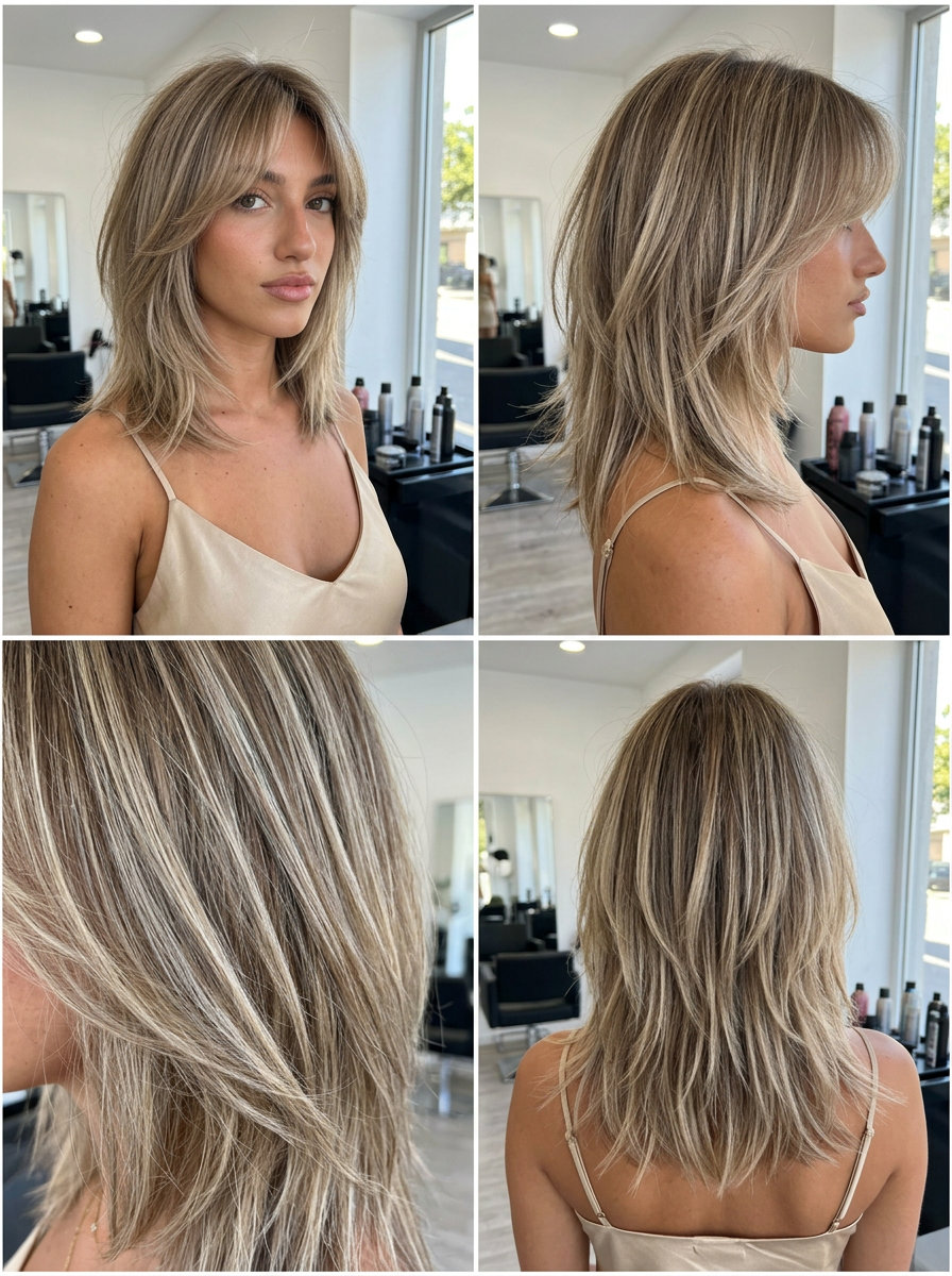 mid-length butterfly shag with ash blonde and sandy beige balayage, choppy layers, curtain bangs for beachy look