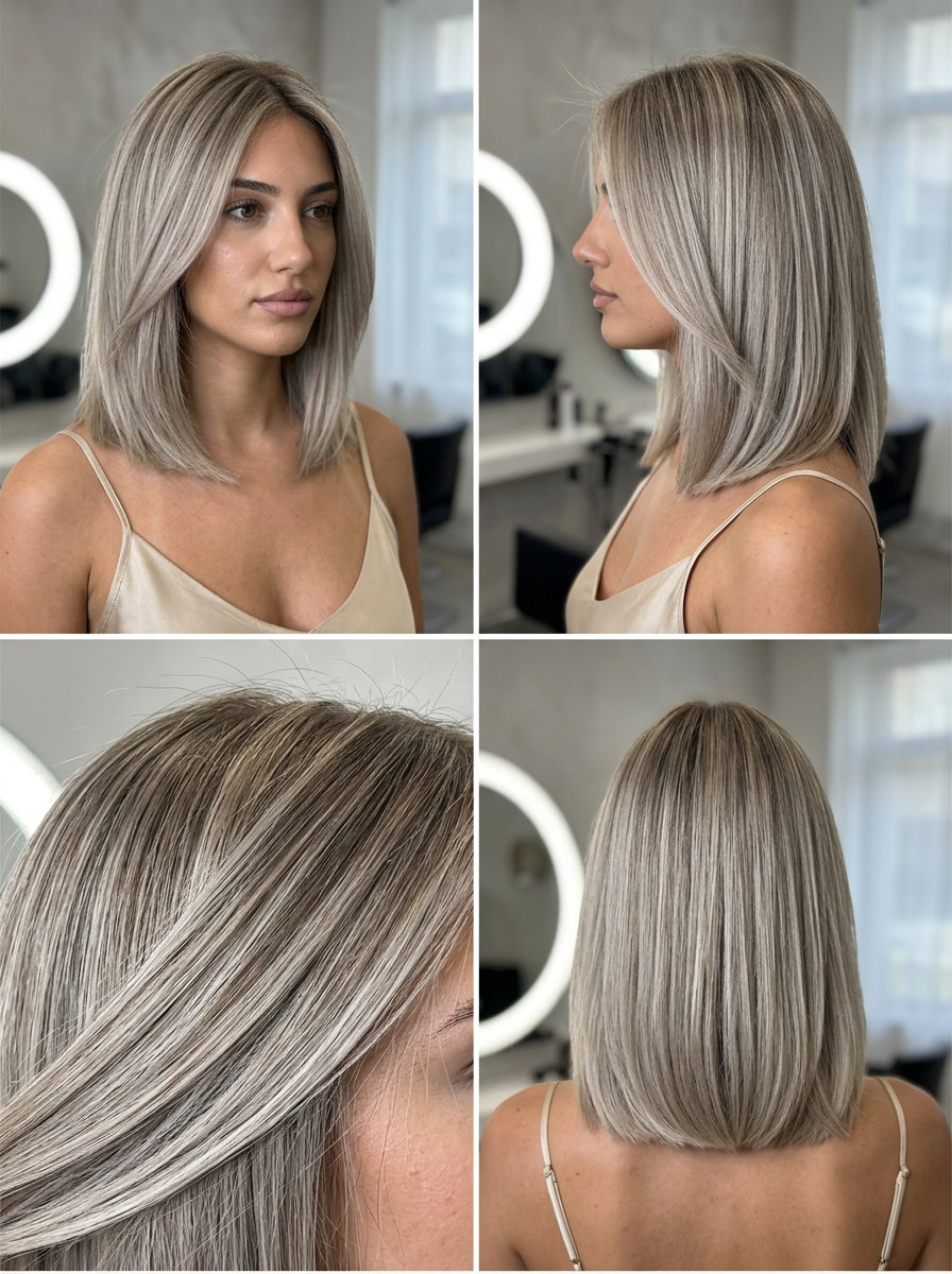 shoulder-length ash blonde hair with beige root smudge, babylights and lowlights, no fringe — chic summer lob