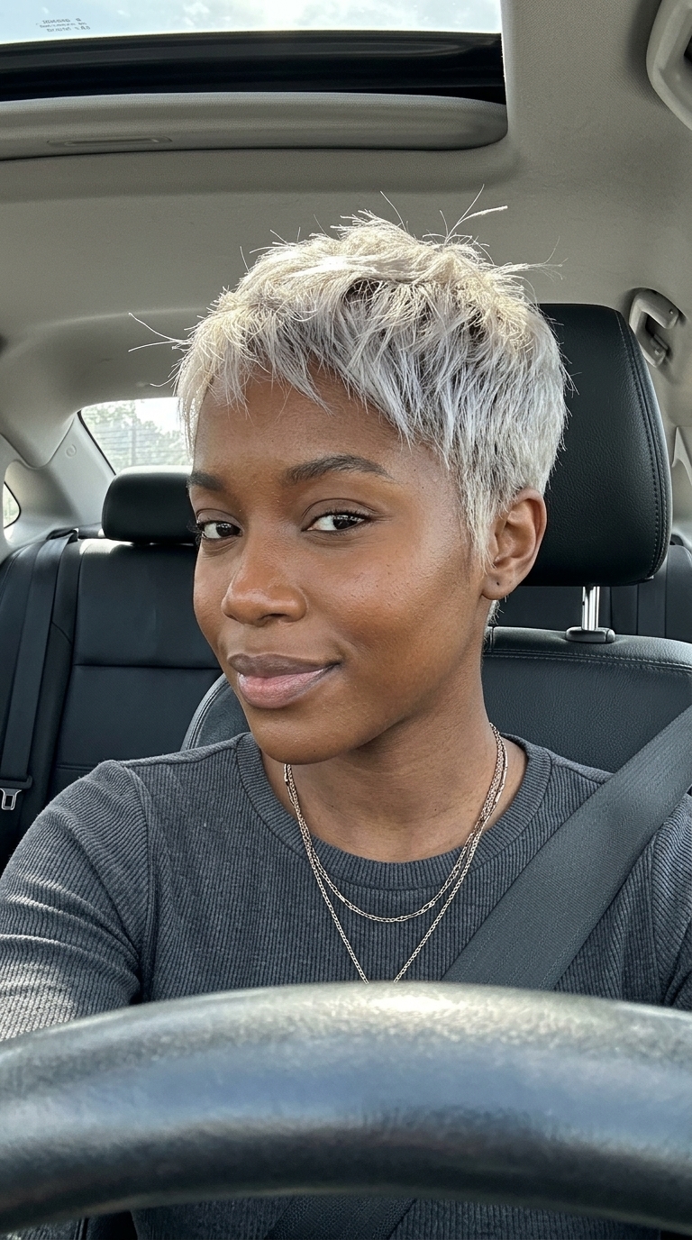 very short ash blonde pixie haircut with textured layers and no fringe for edgy confidence