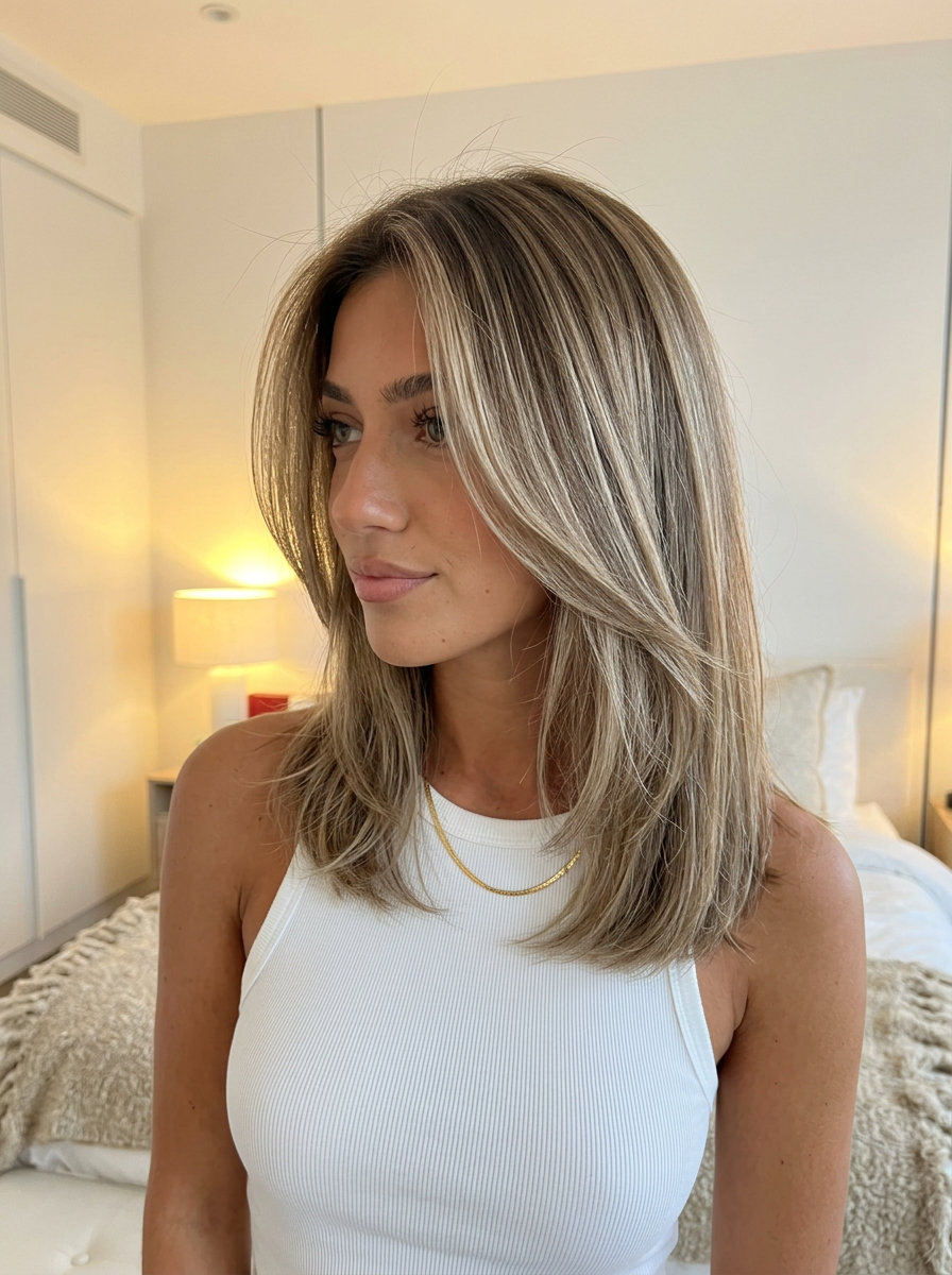 long ash bronde hair with cool beige highlights and neutral root smudge for summer
