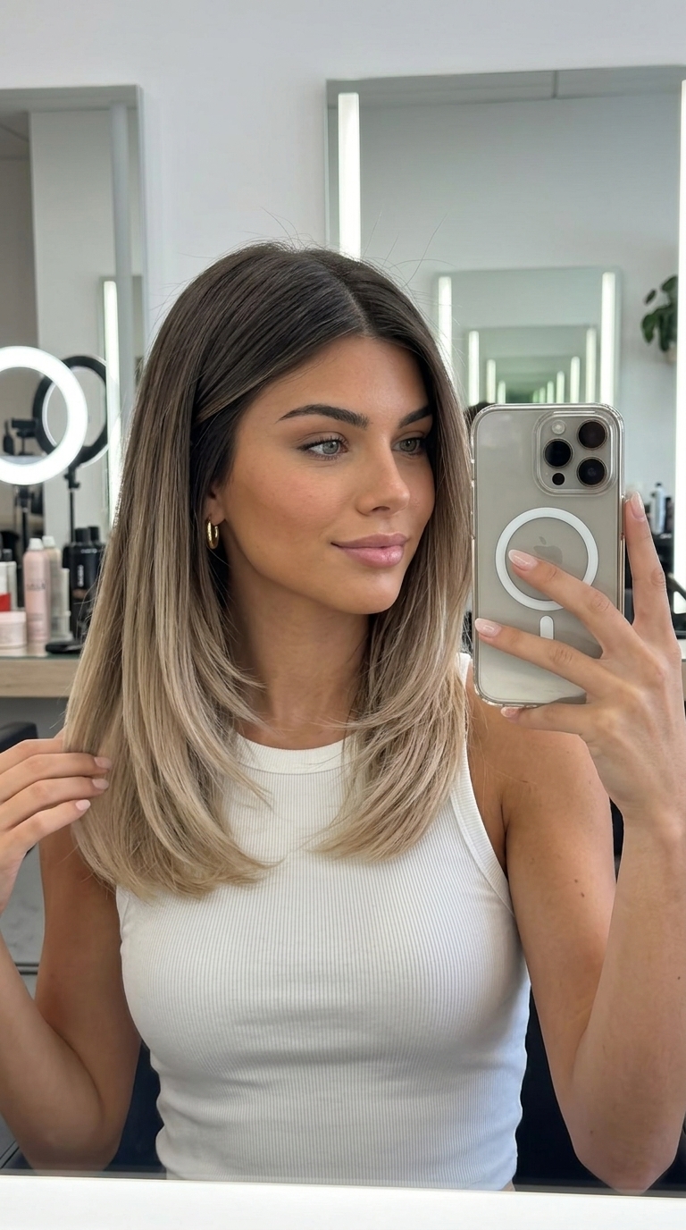 long ash brown to beige blonde ombre with cool tones, blunt lob for professional settings