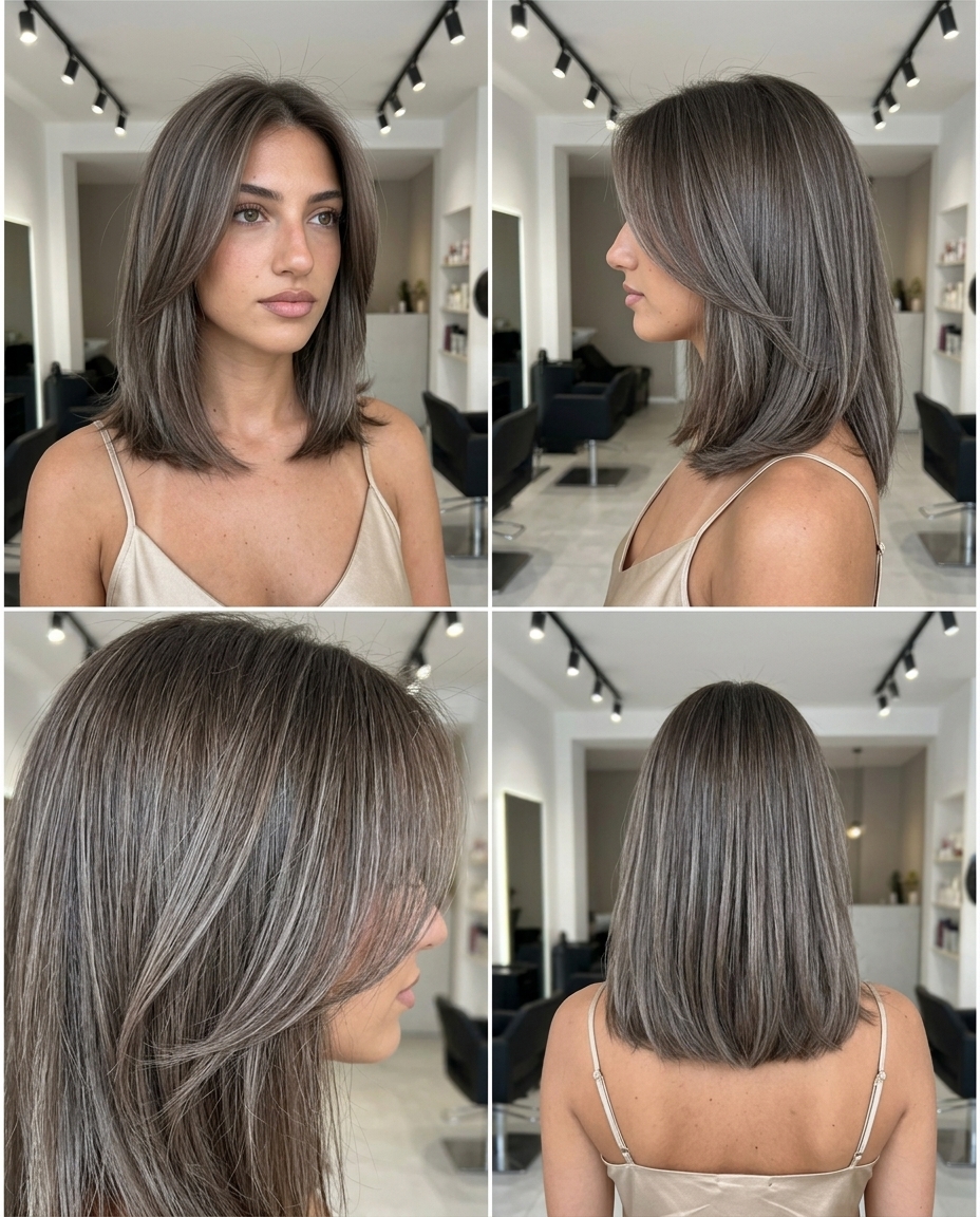collarbone blunt cool ash brown hair with silvery micro-babylights, sleek foilyage for elegance