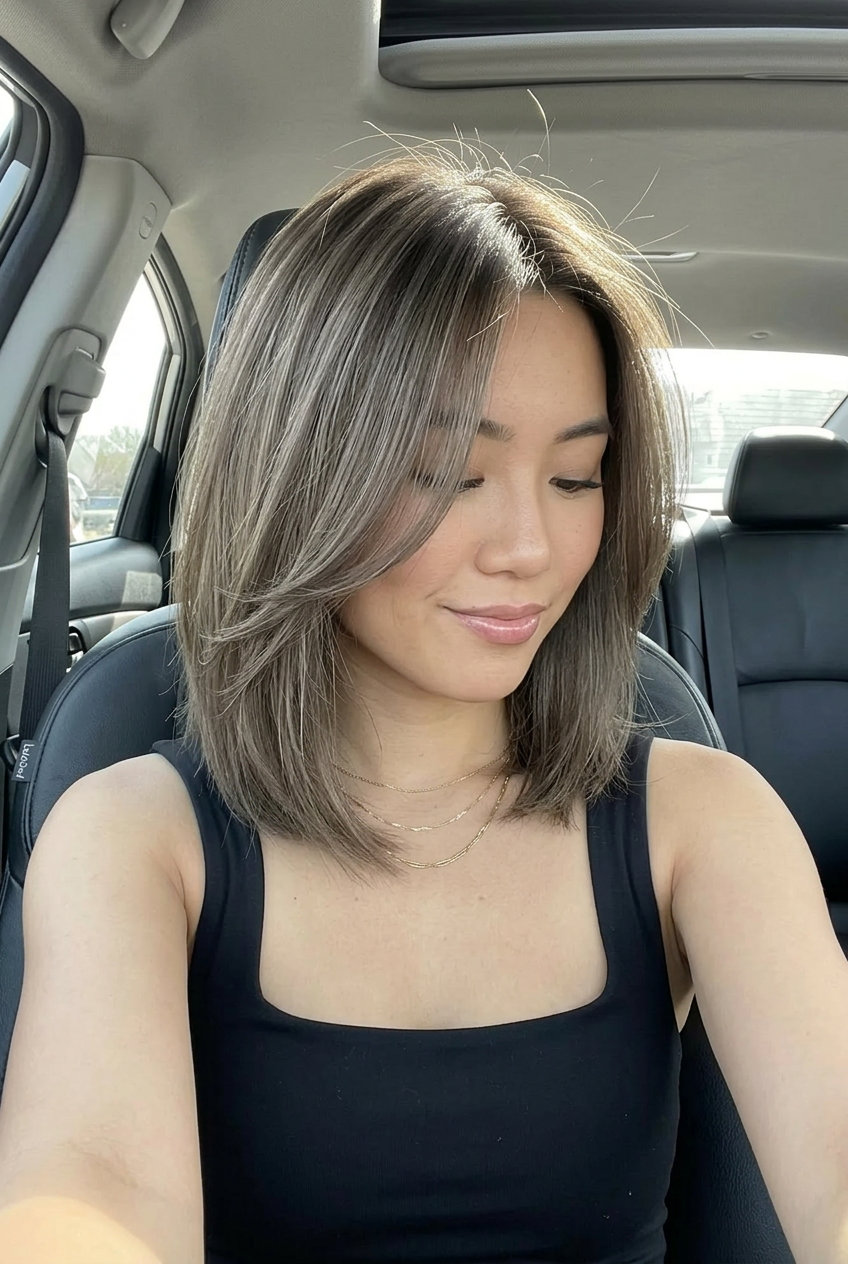 Ash Brown Textured Lob 2026 medium layered lob haircut with cool ash brown, internal channel cutting, deep side part — minimalist chic 2026