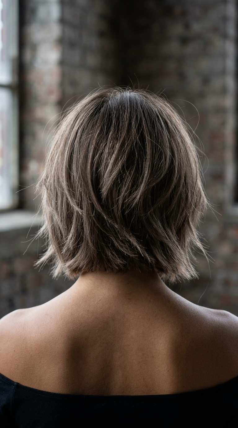 short ash brown layered bob with cool grey toner and choppy texture for a cool look