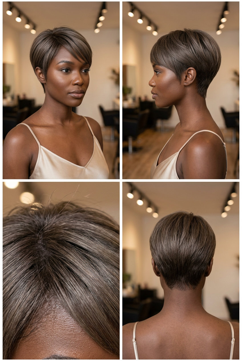 very short pixie haircut with ash brown color, tapered sides for summer